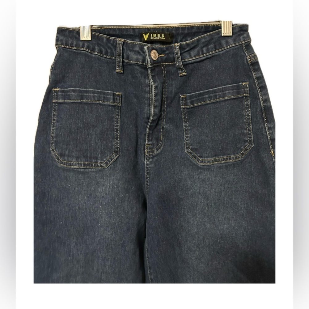 Vibes Collection Women's Blue Medium Wash High Rise Wide-Leg Stretch Jeans. - Picture 5 of 12